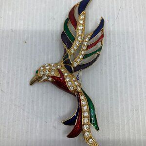 Vtg 1980s BOUCHER ? D'ORLAN ? enamel rhinestone 5" paradise bird parrot brooch